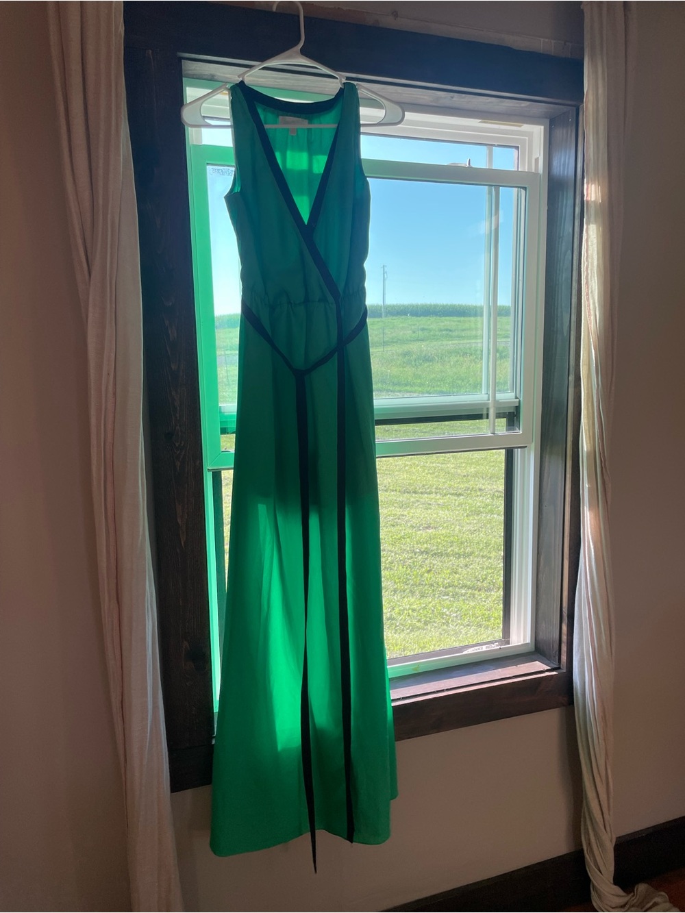 Green Sleeveless V-Neck Maxi Dress with Black Trim